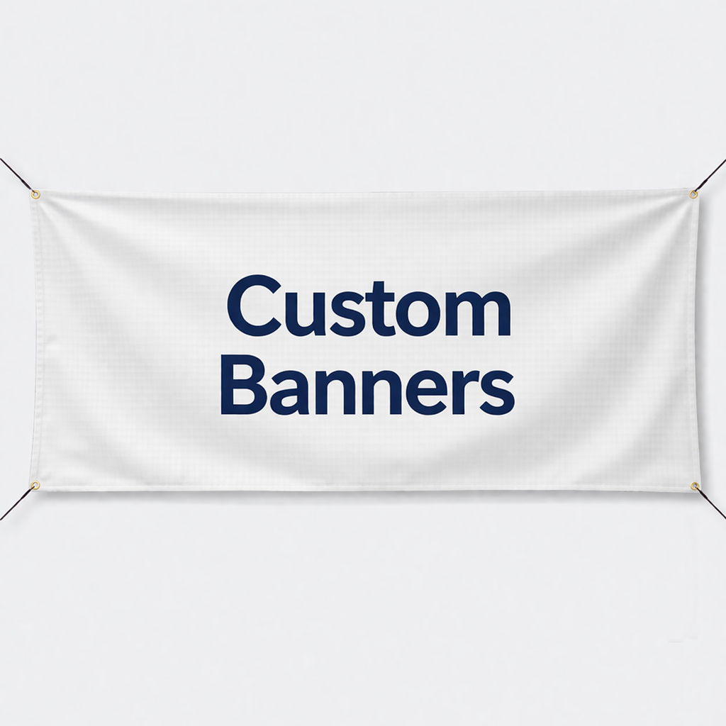 White banner with 'Custom Banners' text on a white background