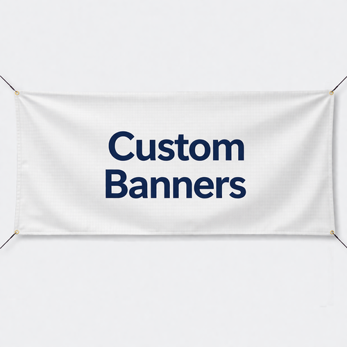 White banner with 'Custom Banners' text on a white background