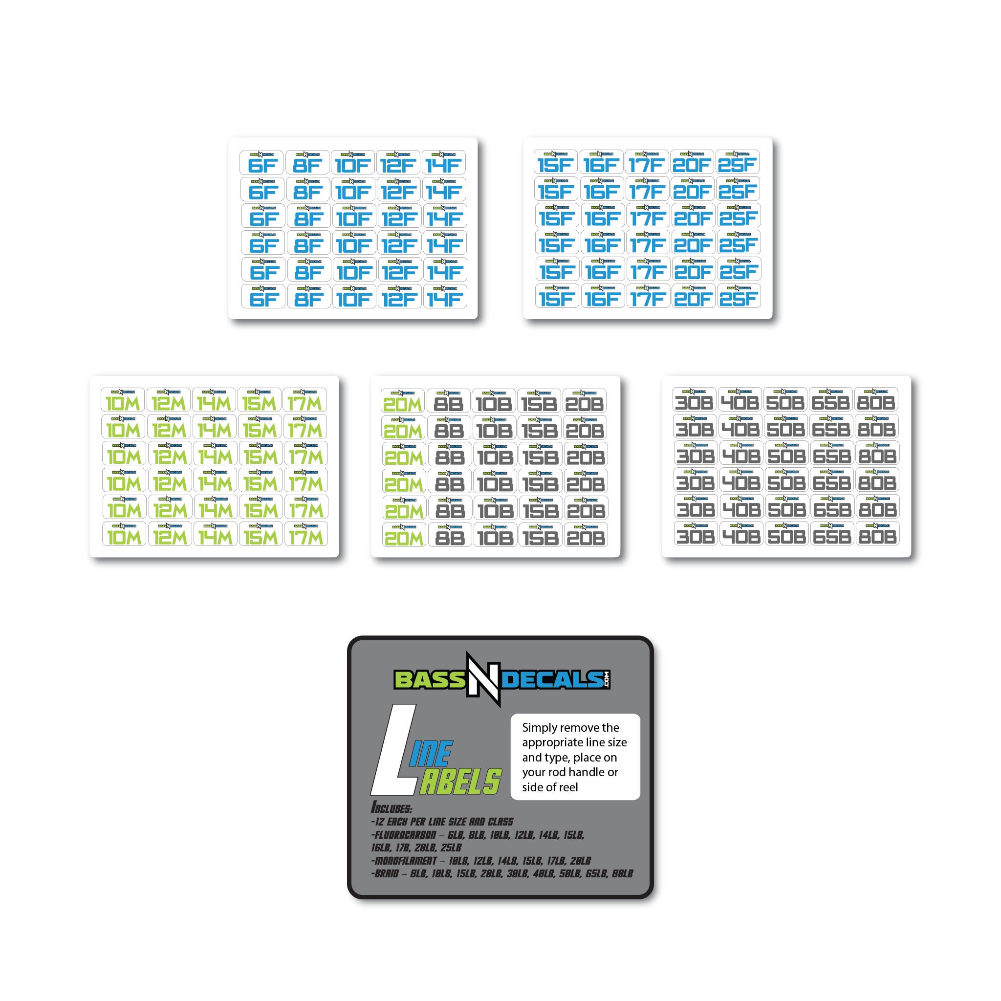 Collection of line viewer sheets with text and a card labeled 'Bass N Decals' on a white background