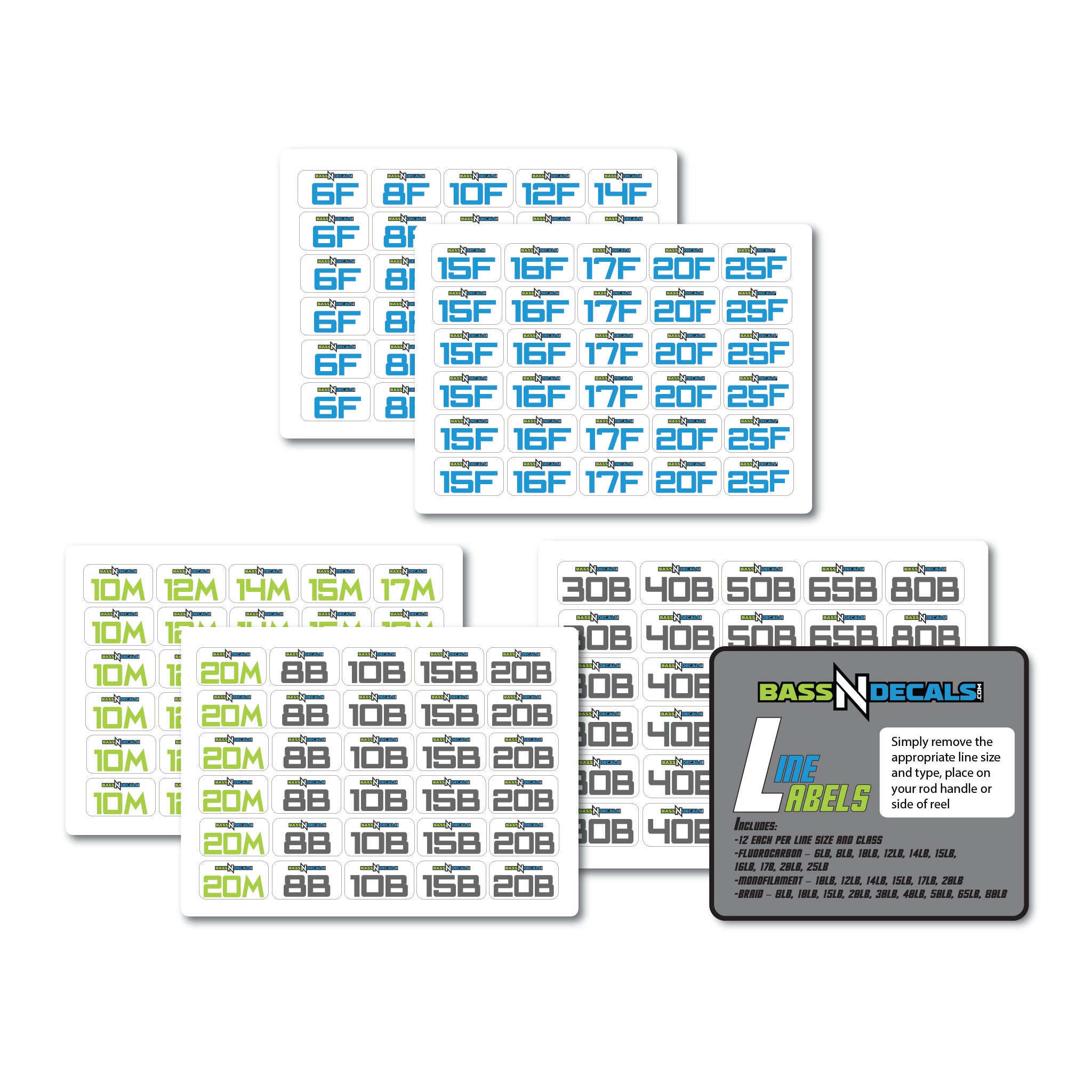 Collection of line viewer label sheets with text on a white background
