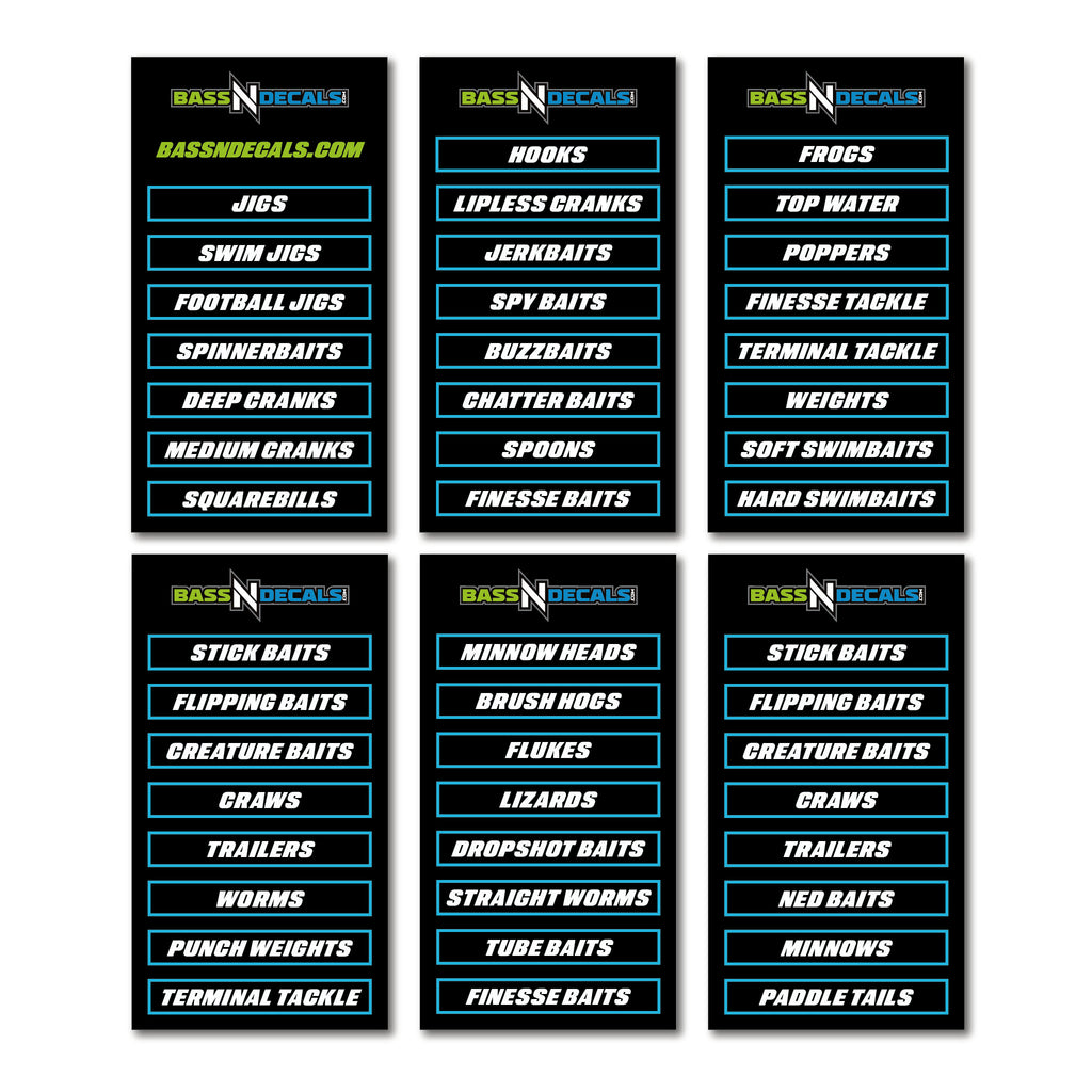 Set of fishing tackle label categories on a white background
