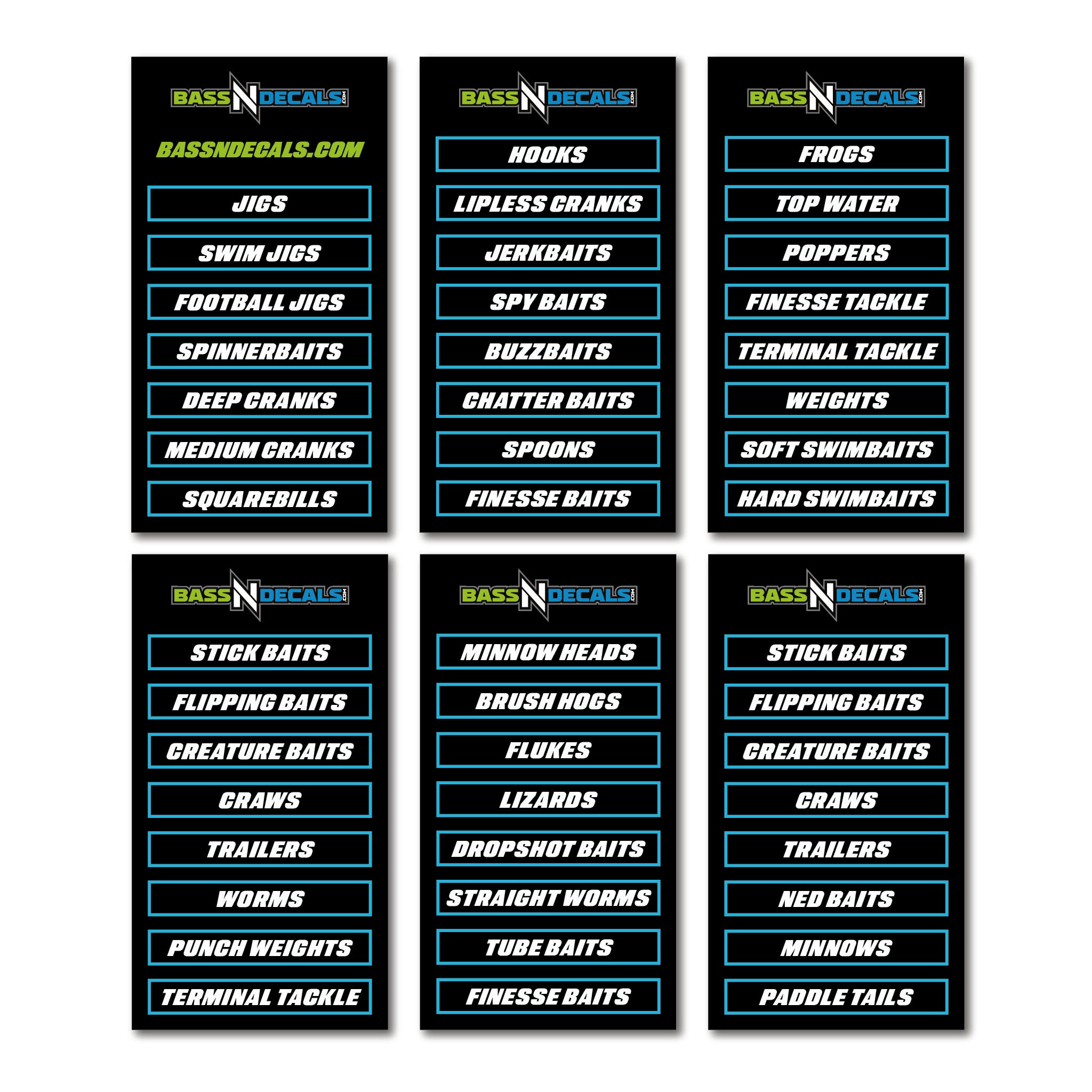 Set of fishing tackle label categories on a white background
