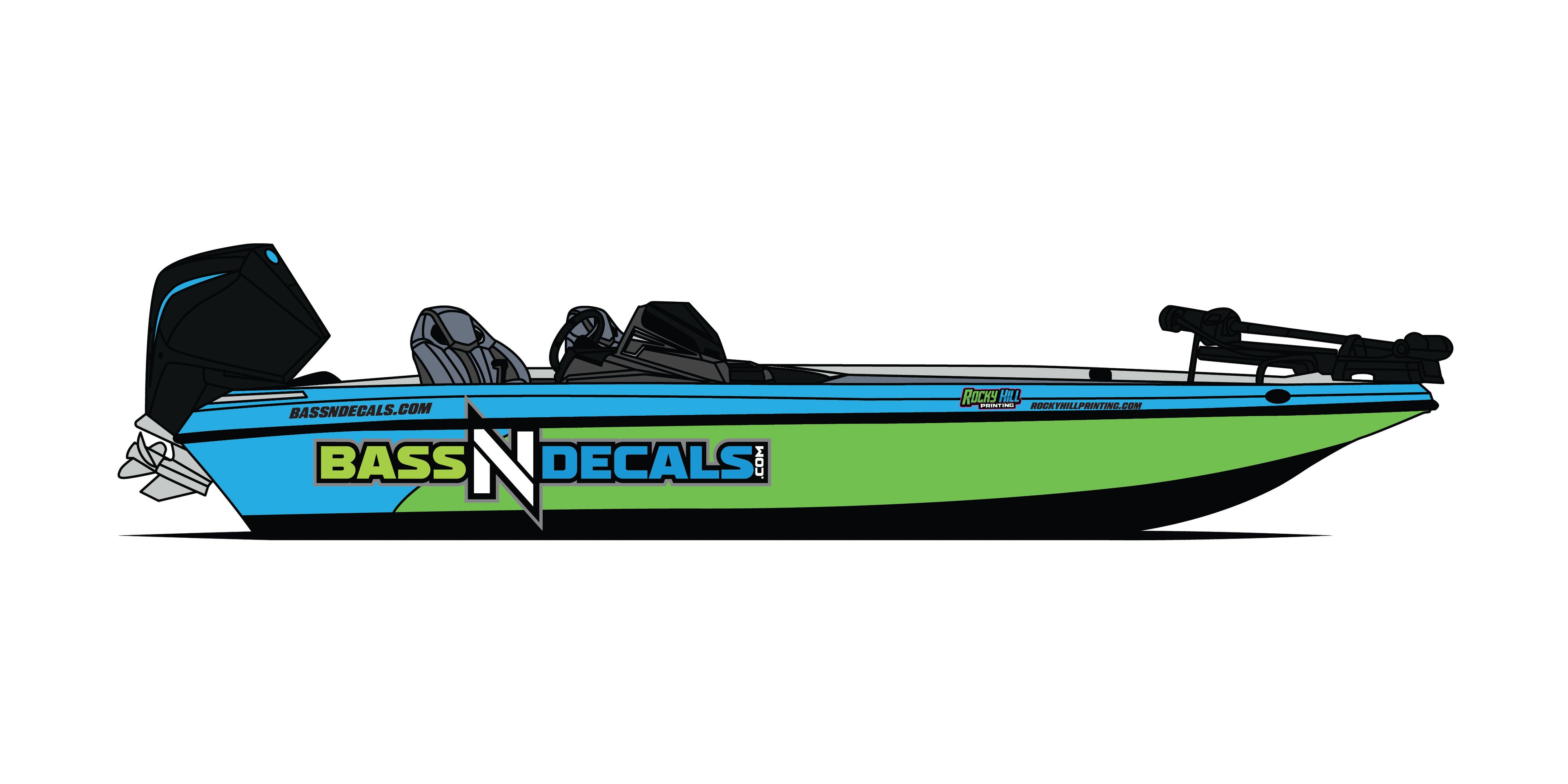 Fishing boat with 'Bass N Decals' logo on a white background