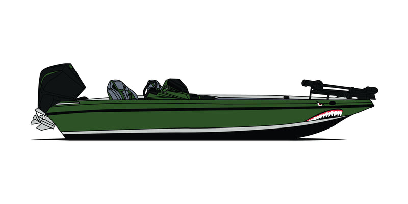 A bass boat wrapped green with bomber decals