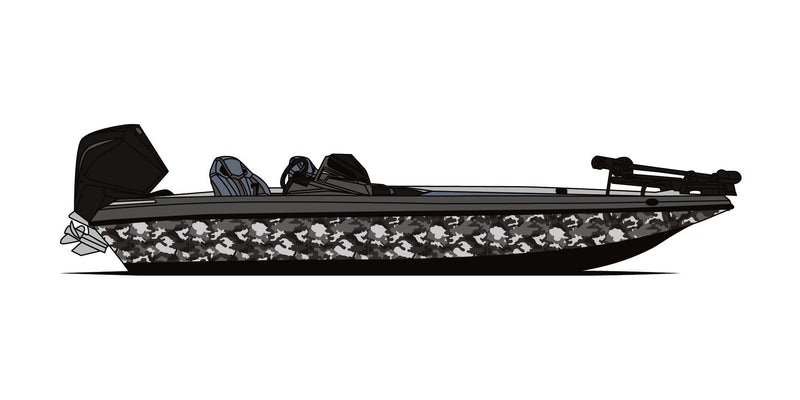 Bass boat wrapped in a black camo